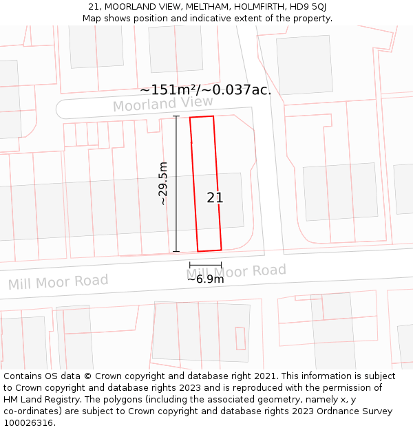 21, MOORLAND VIEW, MELTHAM, HOLMFIRTH, HD9 5QJ: Plot and title map