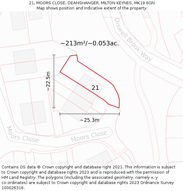 21, MOORS CLOSE, DEANSHANGER, MILTON KEYNES, MK19 6GN: Plot and title map