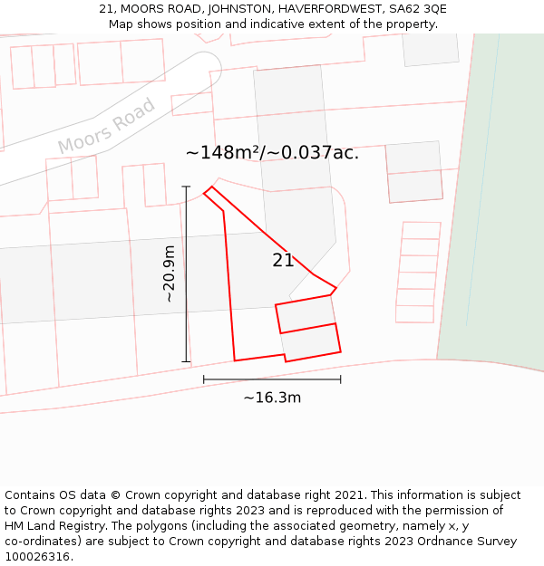 21, MOORS ROAD, JOHNSTON, HAVERFORDWEST, SA62 3QE: Plot and title map