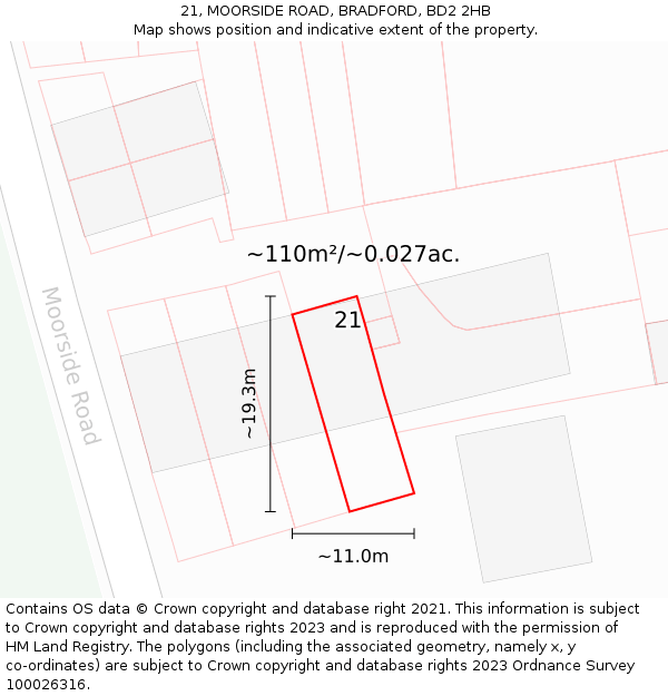 21, MOORSIDE ROAD, BRADFORD, BD2 2HB: Plot and title map