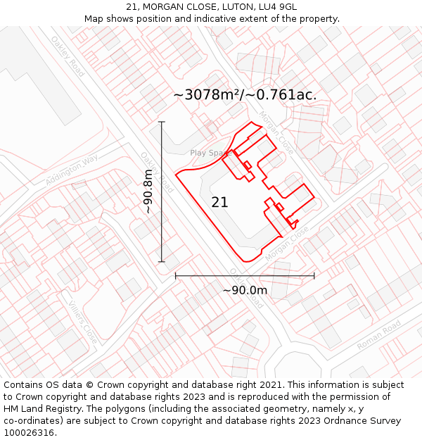 21, MORGAN CLOSE, LUTON, LU4 9GL: Plot and title map