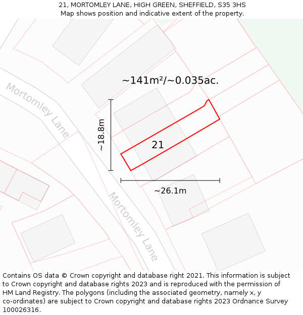 21, MORTOMLEY LANE, HIGH GREEN, SHEFFIELD, S35 3HS: Plot and title map