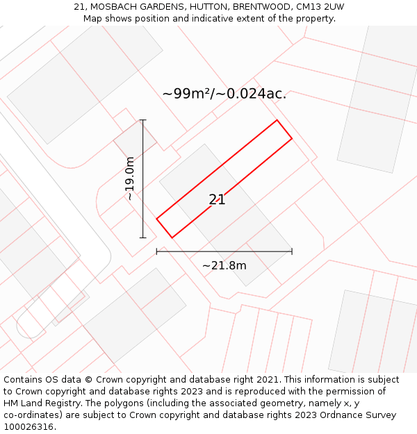 21, MOSBACH GARDENS, HUTTON, BRENTWOOD, CM13 2UW: Plot and title map
