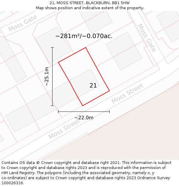 21, MOSS STREET, BLACKBURN, BB1 5HW: Plot and title map