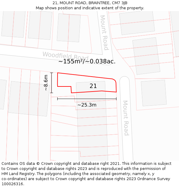 21, MOUNT ROAD, BRAINTREE, CM7 3JB: Plot and title map
