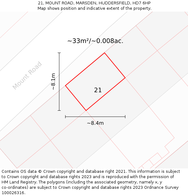 21, MOUNT ROAD, MARSDEN, HUDDERSFIELD, HD7 6HP: Plot and title map