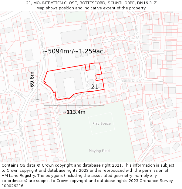 21, MOUNTBATTEN CLOSE, BOTTESFORD, SCUNTHORPE, DN16 3LZ: Plot and title map