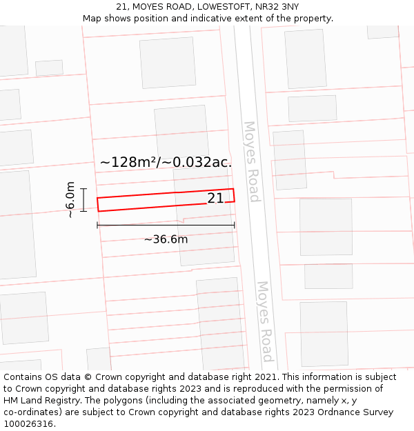 21, MOYES ROAD, LOWESTOFT, NR32 3NY: Plot and title map