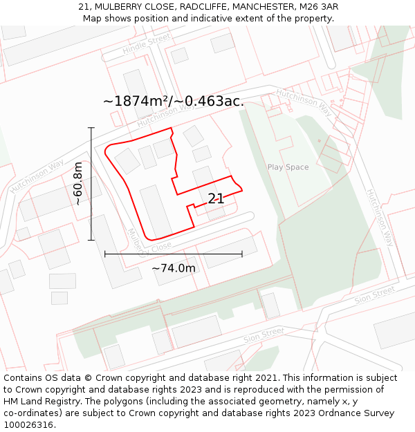 21, MULBERRY CLOSE, RADCLIFFE, MANCHESTER, M26 3AR: Plot and title map