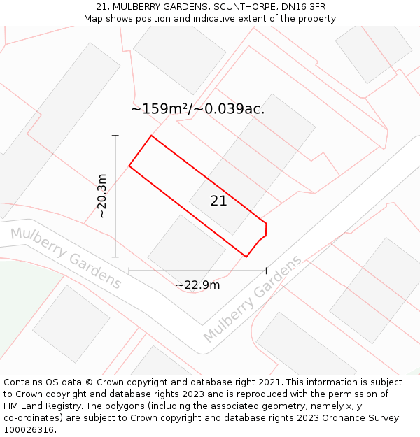 21, MULBERRY GARDENS, SCUNTHORPE, DN16 3FR: Plot and title map