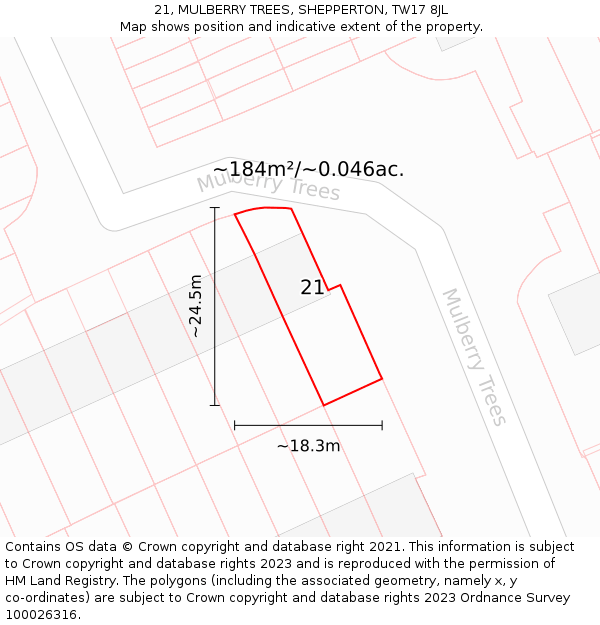 21, MULBERRY TREES, SHEPPERTON, TW17 8JL: Plot and title map
