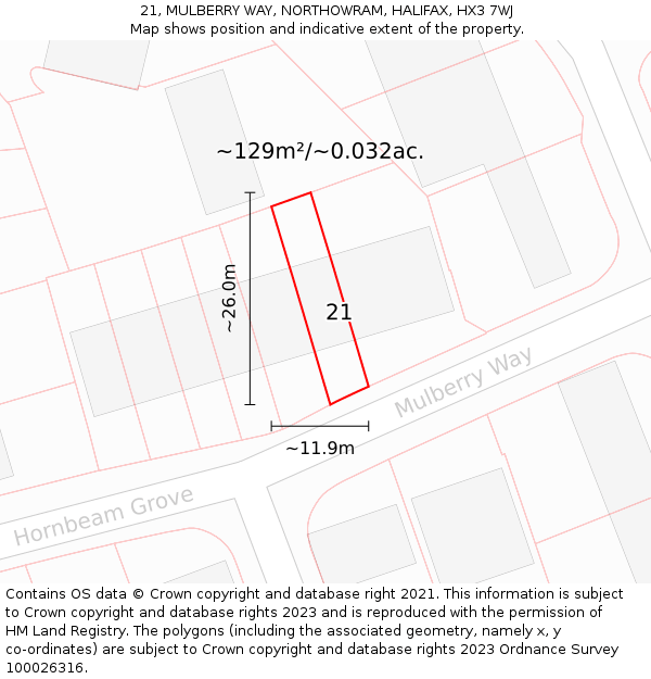 21, MULBERRY WAY, NORTHOWRAM, HALIFAX, HX3 7WJ: Plot and title map