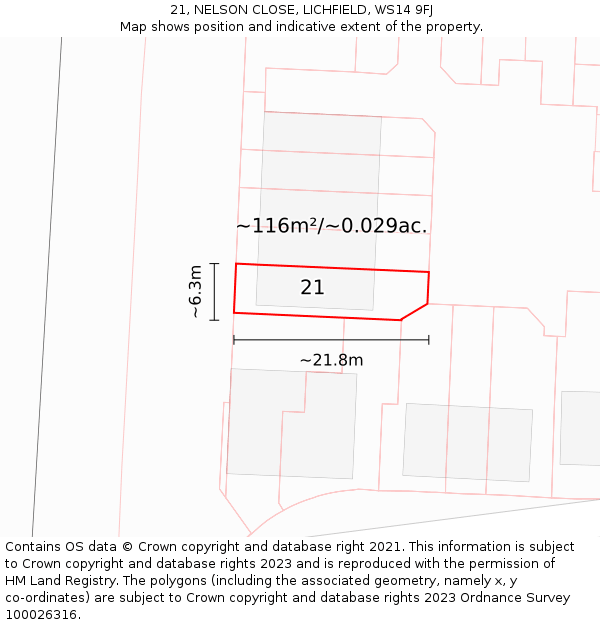 21, NELSON CLOSE, LICHFIELD, WS14 9FJ: Plot and title map