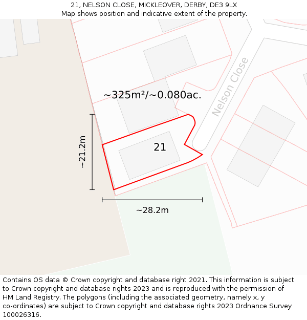 21, NELSON CLOSE, MICKLEOVER, DERBY, DE3 9LX: Plot and title map