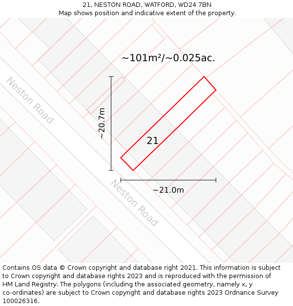 21, NESTON ROAD, WATFORD, WD24 7BN: Plot and title map