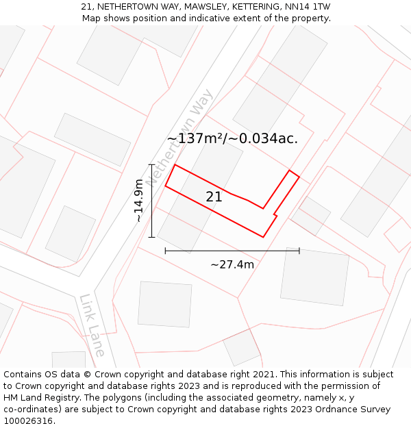 21, NETHERTOWN WAY, MAWSLEY, KETTERING, NN14 1TW: Plot and title map