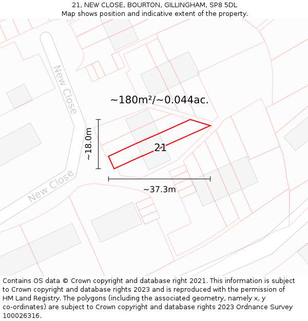 21, NEW CLOSE, BOURTON, GILLINGHAM, SP8 5DL: Plot and title map