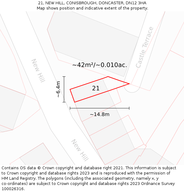 21, NEW HILL, CONISBROUGH, DONCASTER, DN12 3HA: Plot and title map