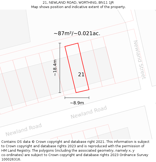 21, NEWLAND ROAD, WORTHING, BN11 1JR: Plot and title map
