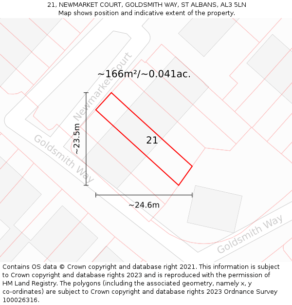 21, NEWMARKET COURT, GOLDSMITH WAY, ST ALBANS, AL3 5LN: Plot and title map