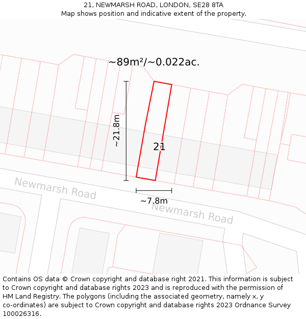 21, NEWMARSH ROAD, LONDON, SE28 8TA: Plot and title map
