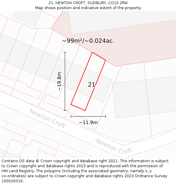 21, NEWTON CROFT, SUDBURY, CO10 2RW: Plot and title map