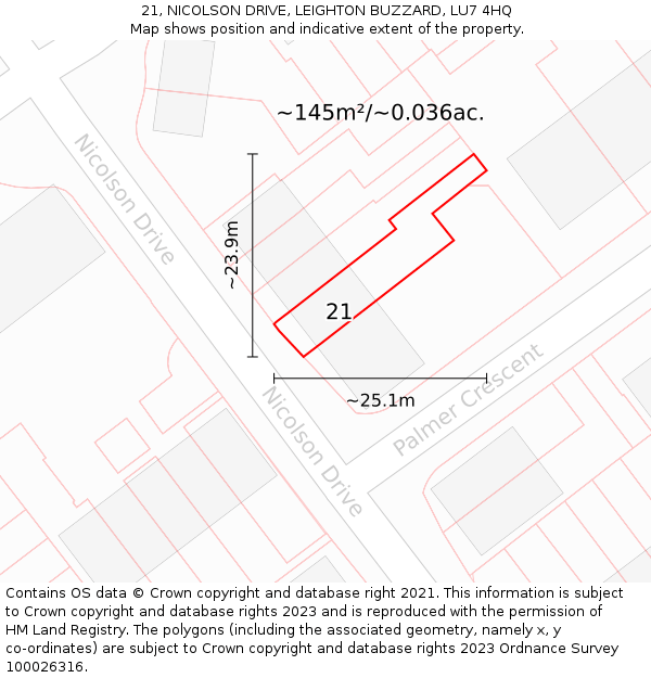 21, NICOLSON DRIVE, LEIGHTON BUZZARD, LU7 4HQ: Plot and title map
