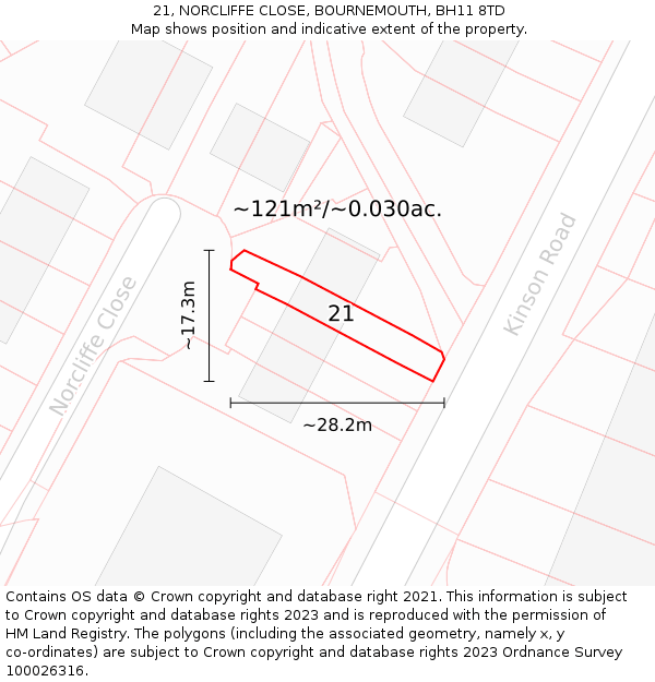 21, NORCLIFFE CLOSE, BOURNEMOUTH, BH11 8TD: Plot and title map