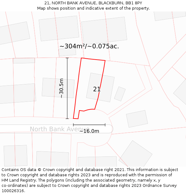 21, NORTH BANK AVENUE, BLACKBURN, BB1 8PY: Plot and title map