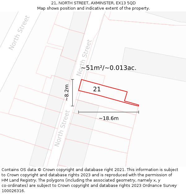 21, NORTH STREET, AXMINSTER, EX13 5QD: Plot and title map