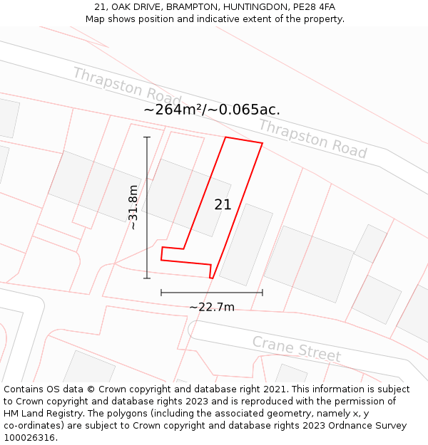 21, OAK DRIVE, BRAMPTON, HUNTINGDON, PE28 4FA: Plot and title map