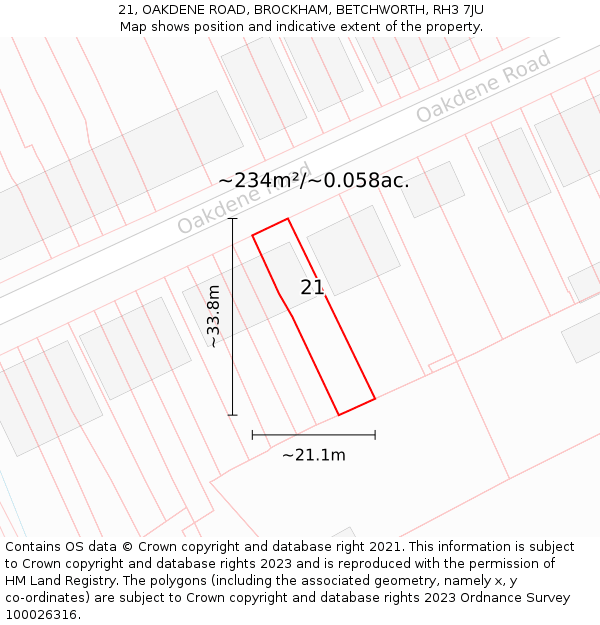 21, OAKDENE ROAD, BROCKHAM, BETCHWORTH, RH3 7JU: Plot and title map