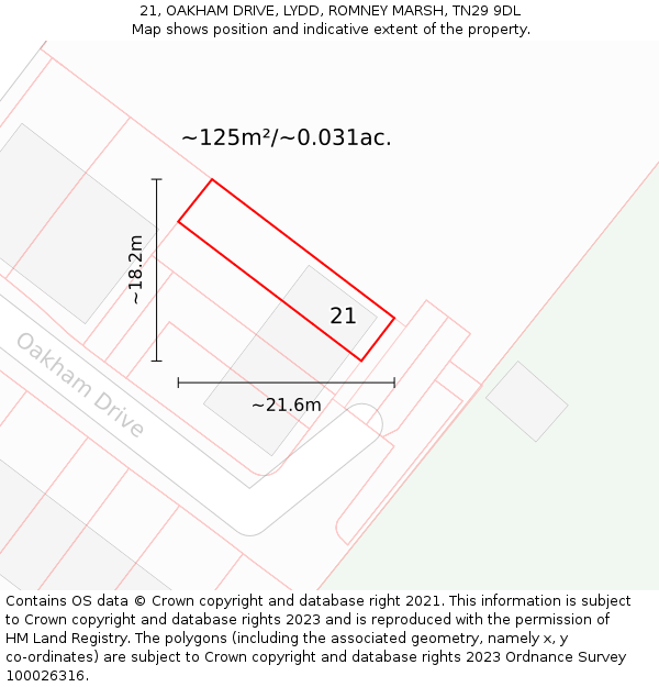 21, OAKHAM DRIVE, LYDD, ROMNEY MARSH, TN29 9DL: Plot and title map