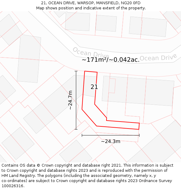 21, OCEAN DRIVE, WARSOP, MANSFIELD, NG20 0FD: Plot and title map