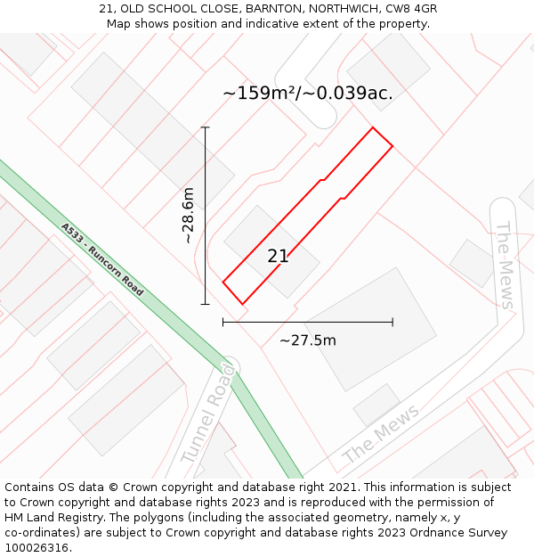 21, OLD SCHOOL CLOSE, BARNTON, NORTHWICH, CW8 4GR: Plot and title map
