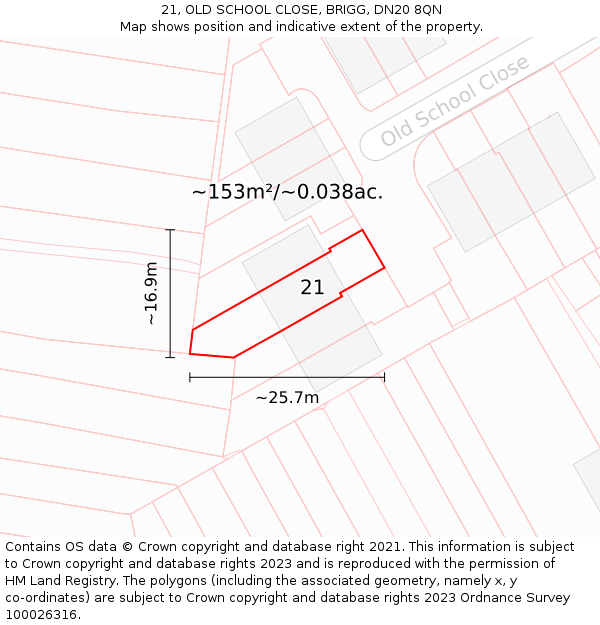 21, OLD SCHOOL CLOSE, BRIGG, DN20 8QN: Plot and title map