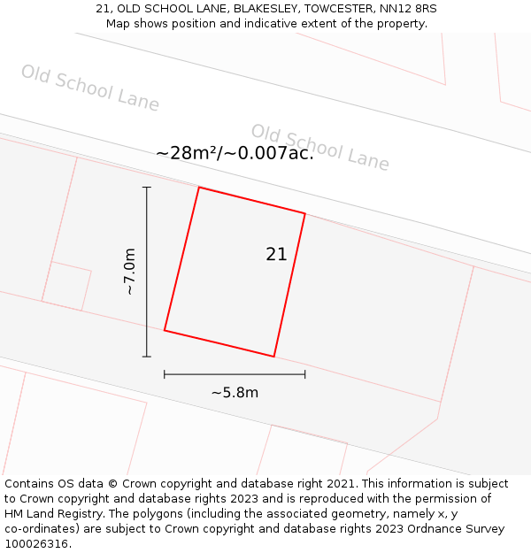 21, OLD SCHOOL LANE, BLAKESLEY, TOWCESTER, NN12 8RS: Plot and title map