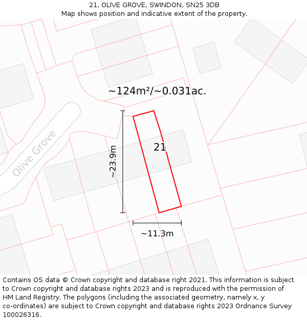 21, OLIVE GROVE, SWINDON, SN25 3DB: Plot and title map