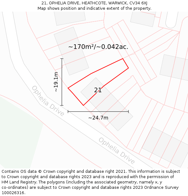 21, OPHELIA DRIVE, HEATHCOTE, WARWICK, CV34 6XJ: Plot and title map