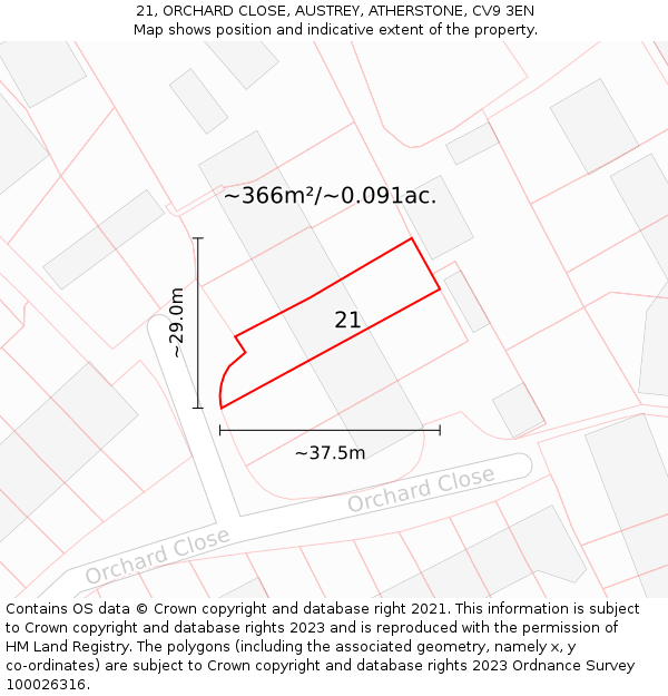 21, ORCHARD CLOSE, AUSTREY, ATHERSTONE, CV9 3EN: Plot and title map