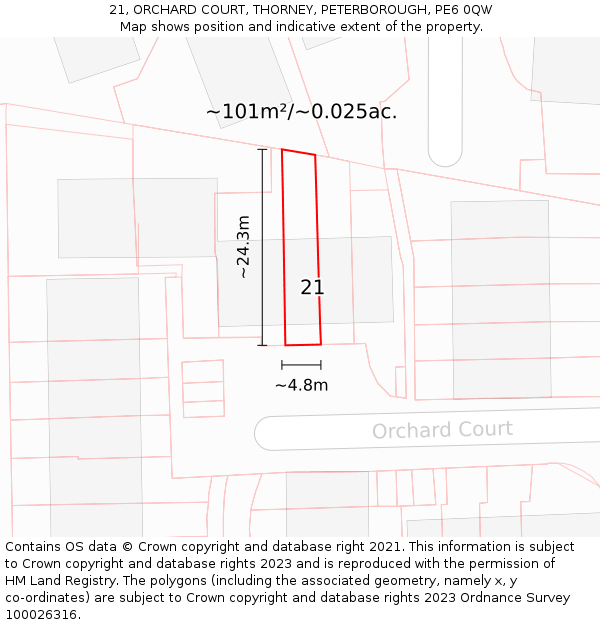 21, ORCHARD COURT, THORNEY, PETERBOROUGH, PE6 0QW: Plot and title map