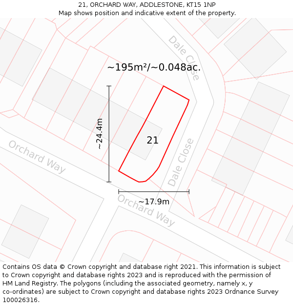 21, ORCHARD WAY, ADDLESTONE, KT15 1NP: Plot and title map