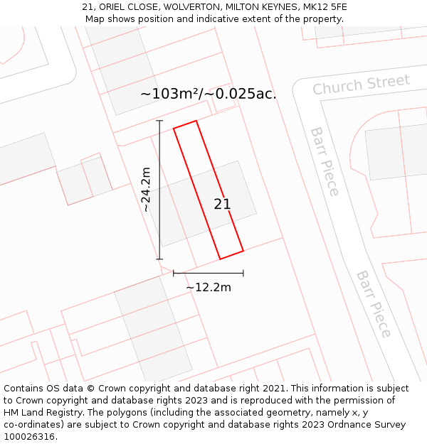 21, ORIEL CLOSE, WOLVERTON, MILTON KEYNES, MK12 5FE: Plot and title map