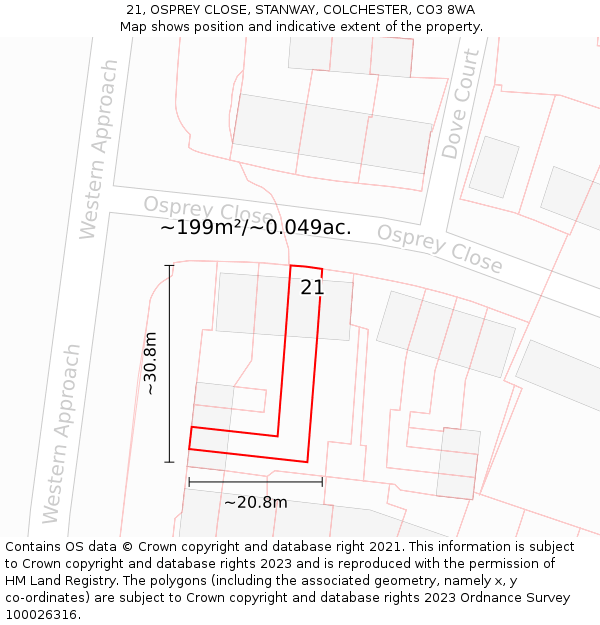 21, OSPREY CLOSE, STANWAY, COLCHESTER, CO3 8WA: Plot and title map