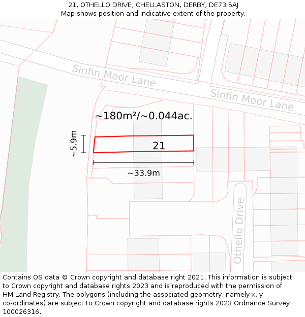 21, OTHELLO DRIVE, CHELLASTON, DERBY, DE73 5AJ: Plot and title map