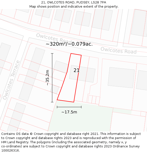 21, OWLCOTES ROAD, PUDSEY, LS28 7PA: Plot and title map
