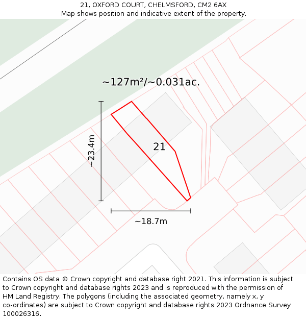 21, OXFORD COURT, CHELMSFORD, CM2 6AX: Plot and title map