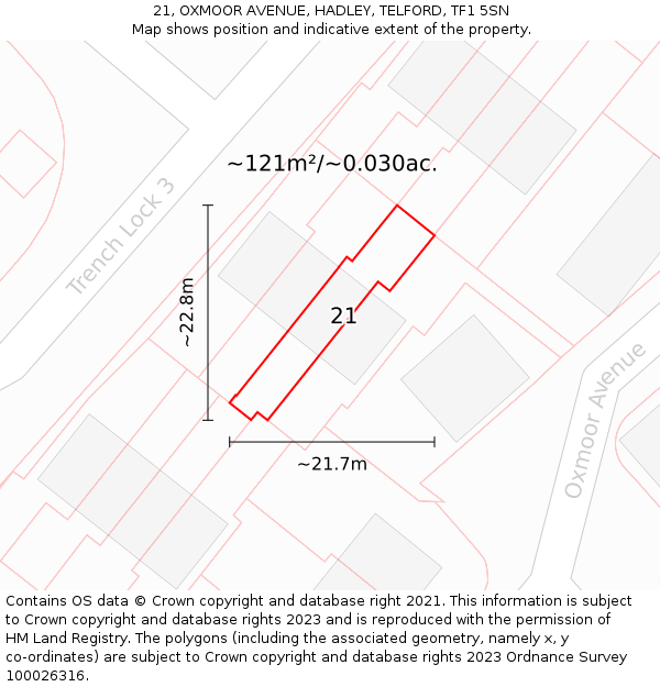 21, OXMOOR AVENUE, HADLEY, TELFORD, TF1 5SN: Plot and title map