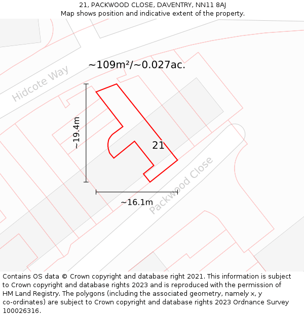 21, PACKWOOD CLOSE, DAVENTRY, NN11 8AJ: Plot and title map
