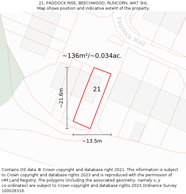 21, PADDOCK RISE, BEECHWOOD, RUNCORN, WA7 3HL: Plot and title map